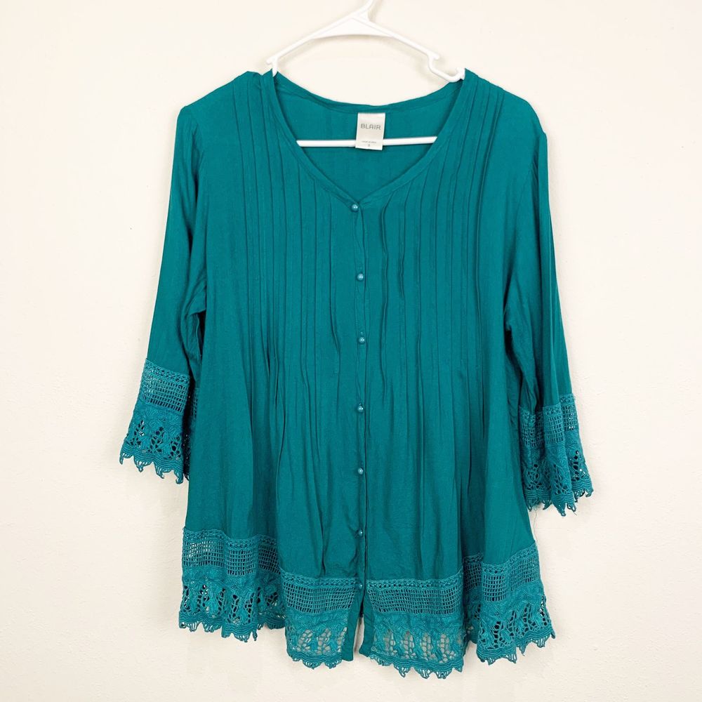 Blair Teal Blouse with Lace Hem Small